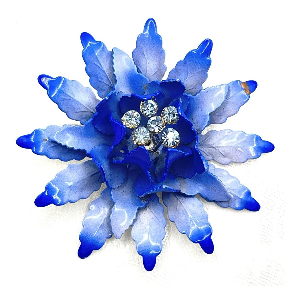 Vintage Signed Coro Blue Dahlia Enamel Flower Brooch‎ Pin w/ Rhinestones READ